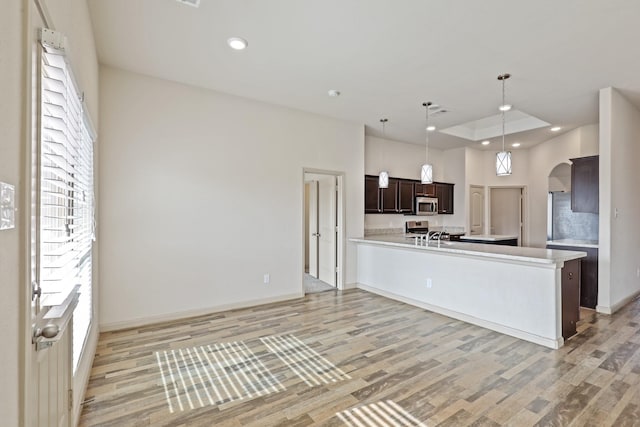 5207 Corbridge Glen Ct, Katy, TX 77449 - kitchen featuring stainless steel appliances, dark brown cabinetry, arched walkways, light wood-style flooring, and light countertops