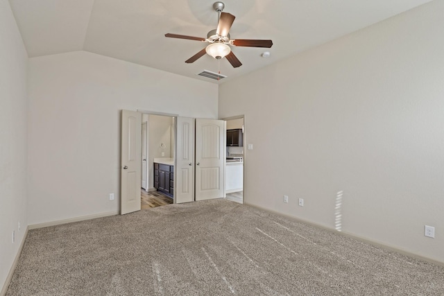5207 Corbridge Glen Ct, Katy, TX 77449 - unfurnished bedroom featuring carpet flooring, vaulted ceiling, baseboards, connected bathroom, and a ceiling fan