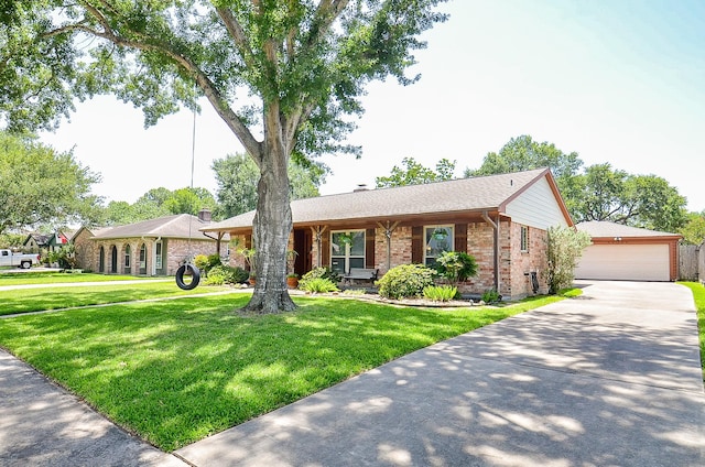 12023 Scottsdale Dr, Meadows Place, TX 77477 - single story home featuring brick siding, an outdoor structure, a front yard, a porch, and a garage
