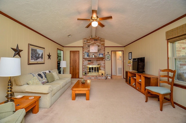 12023 Scottsdale Dr, Meadows Place, TX 77477 - living room featuring ornamental molding, vaulted ceiling, ceiling fan, carpet flooring, and a brick fireplace