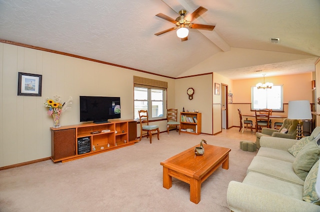 12023 Scottsdale Dr, Meadows Place, TX 77477 - carpeted living room featuring a chandelier, baseboards, and ceiling fan