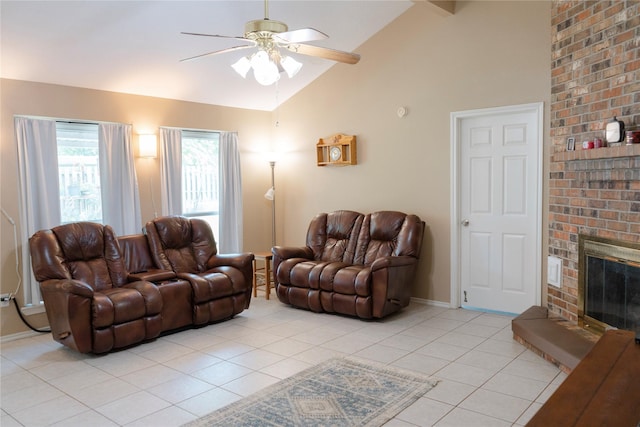 6014 Ghana Ln, Pasadena, TX 77505 - living room featuring light tile patterned floors, a ceiling fan, baseboards, beamed ceiling, and a brick fireplace