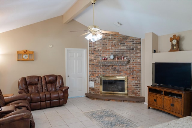 6014 Ghana Ln, Pasadena, TX 77505 - living area featuring light tile patterned floors, a ceiling fan, a fireplace, beamed ceiling, and high vaulted ceiling