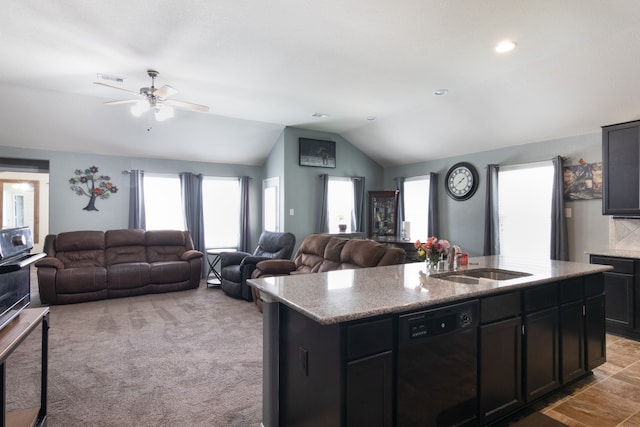 14726 Meadow Acre Trl, Houston, TX 77049 - kitchen with a sink, dishwasher, lofted ceiling, open floor plan, and ceiling fan