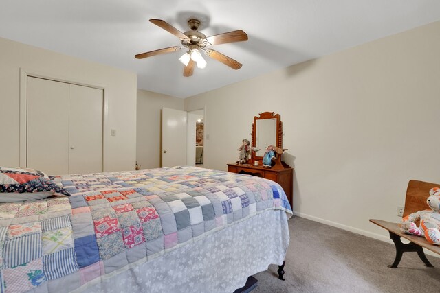 210 Harbor Run Dr, Coldspring, TX 77331 - carpeted bedroom featuring a closet, baseboards, and ceiling fan
