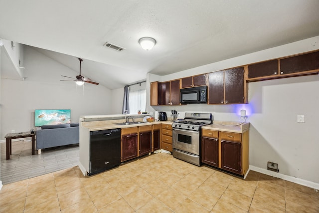 16211 Beck Ridge Dr, Houston, TX 77053 - kitchen featuring black appliances, a sink, light countertops, a peninsula, and a ceiling fan