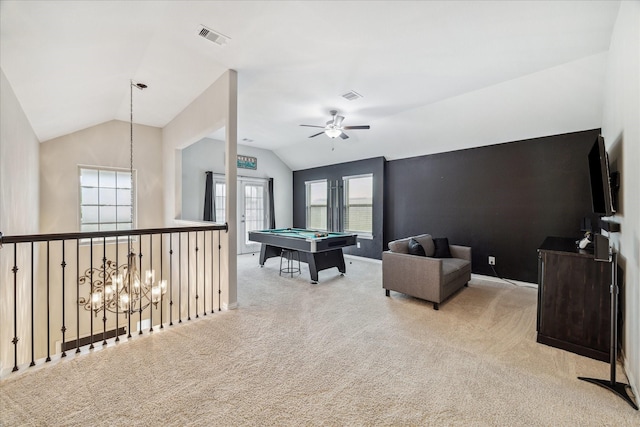 4423 Mimic Dr, Spring, TX 77386 - playroom featuring lofted ceiling, carpet flooring, a ceiling fan, billiards table, and baseboards