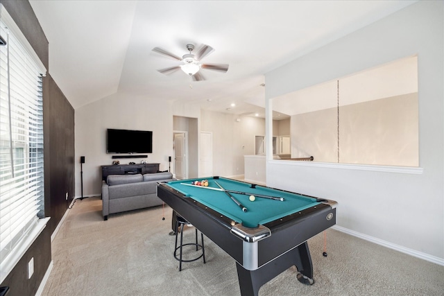 4423 Mimic Dr, Spring, TX 77386 - playroom with a ceiling fan, pool table, carpet flooring, vaulted ceiling, and baseboards