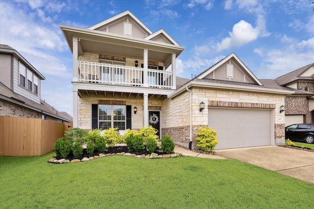 4423 Mimic Dr, Spring, TX 77386 - view of front facade featuring a balcony, driveway, stone siding, an attached garage, and stucco siding