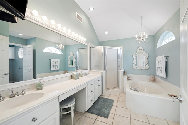 4100 Sand Crab Ln, Galveston, TX 77554 - bathroom featuring a chandelier, tile patterned floors, a bath, a shower stall, and lofted ceiling