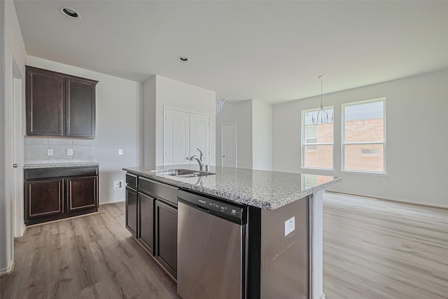 15502 Islandview Ln, Houston, TX 77053 - kitchen with dishwasher, a sink, light wood-type flooring, a chandelier, and dark brown cabinetry