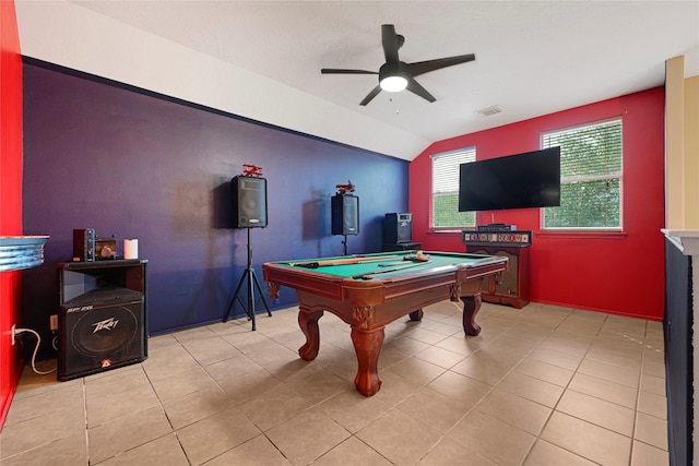 14251 Winecup Ln, Houston, TX 77047 - recreation room featuring a ceiling fan, vaulted ceiling, billiards, and tile patterned flooring