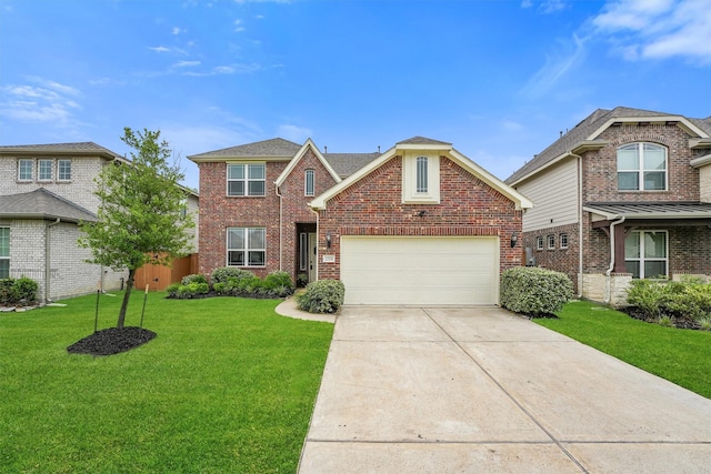 12526 Sabine Point Dr, Humble, TX 77346 - traditional-style house with brick siding, driveway, a front yard, and a garage