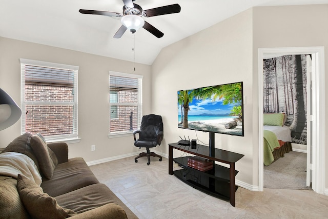 3864 Oakmist Bend Ln, Spring, TX 77386 - living room featuring lofted ceiling, ceiling fan, and baseboards
