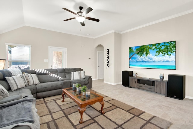 3864 Oakmist Bend Ln, Spring, TX 77386 - living area with arched walkways, a ceiling fan, baseboards, and ornamental molding