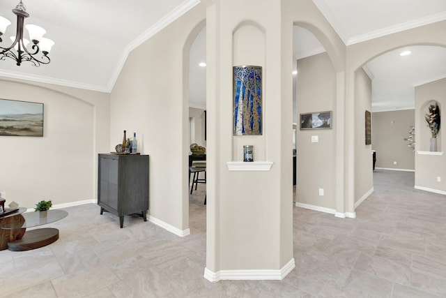 3864 Oakmist Bend Ln, Spring, TX 77386 - hall featuring arched walkways, ornamental molding, a chandelier, baseboards, and lofted ceiling