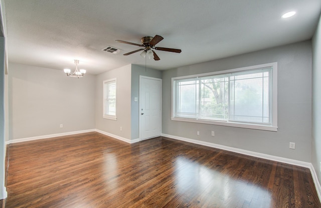 4621 W 43rd St, Houston, TX 77092 - empty room featuring a chandelier, baseboards, ceiling fan, wood finished floors, and recessed lighting
