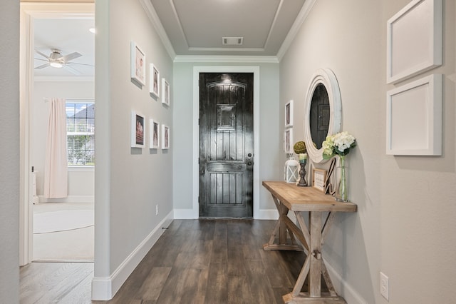 25007 Coperti Ln, Spring, TX 77386 - foyer with dark wood-style floors, baseboards, ornamental molding, and a ceiling fan