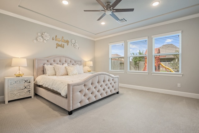 25007 Coperti Ln, Spring, TX 77386 - carpeted bedroom featuring baseboards, recessed lighting, ornamental molding, and ceiling fan