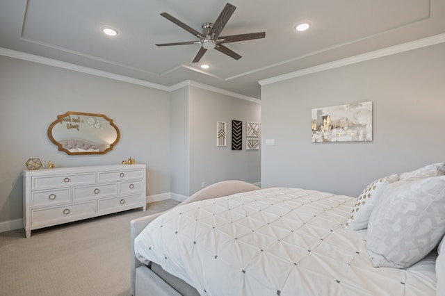 25007 Coperti Ln, Spring, TX 77386 - bedroom featuring ornamental molding, carpet floors, recessed lighting, baseboards, and a ceiling fan