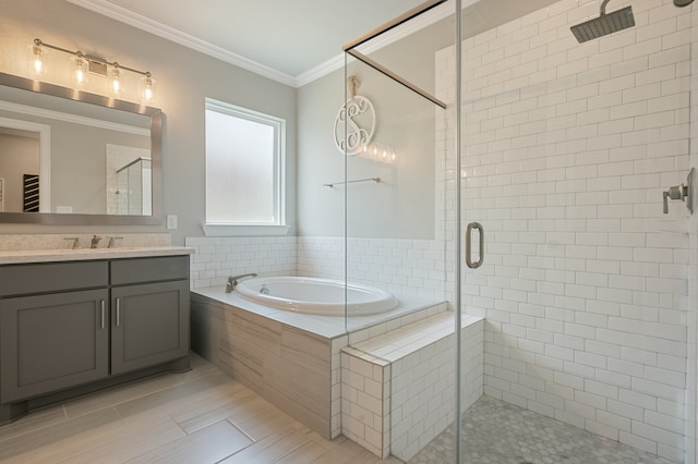 25007 Coperti Ln, Spring, TX 77386 - full bath with a shower stall, a garden tub, vanity, crown molding, and tile patterned flooring