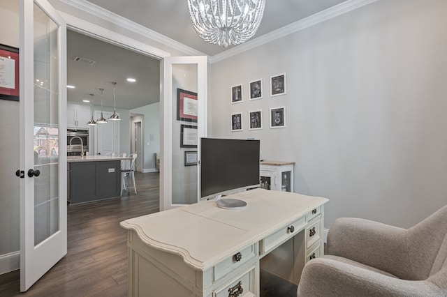 25007 Coperti Ln, Spring, TX 77386 - office area with a chandelier, dark wood-style floors, crown molding, french doors, and baseboards