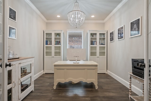 25007 Coperti Ln, Spring, TX 77386 - office featuring baseboards, a chandelier, crown molding, dark wood-style floors, and recessed lighting