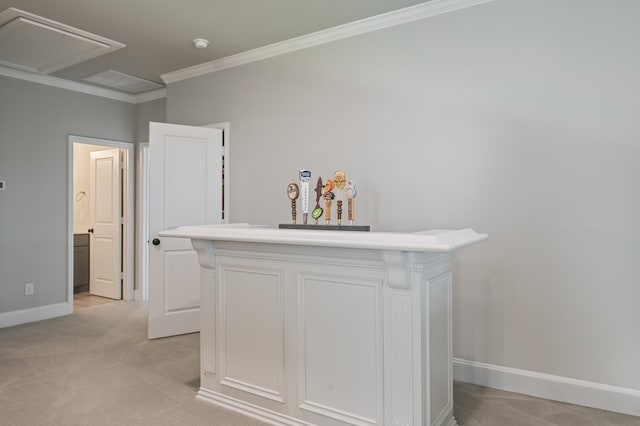 25007 Coperti Ln, Spring, TX 77386 - hall with baseboards, light colored carpet, crown molding, and attic access