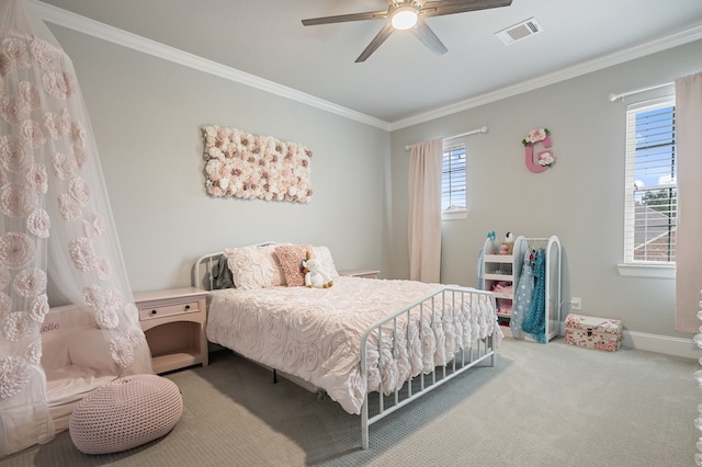 25007 Coperti Ln, Spring, TX 77386 - carpeted bedroom with ornamental molding, baseboards, and ceiling fan