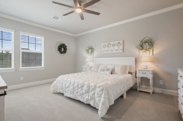25007 Coperti Ln, Spring, TX 77386 - bedroom with light colored carpet, crown molding, baseboards, and a ceiling fan