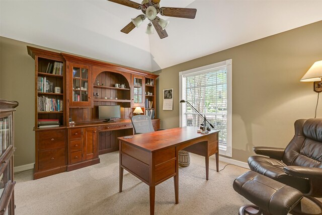 3519 E Pine Brook Way, Houston, TX 77059 - home office featuring ceiling fan, light carpet, vaulted ceiling, and baseboards
