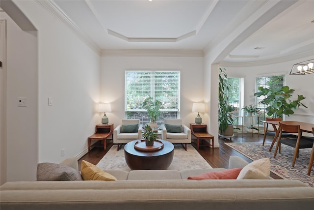 5451 Harvest Oak Landing Dr, Spring, TX 77386 - living room with a tray ceiling, dark wood-style floors, crown molding, and arched walkways