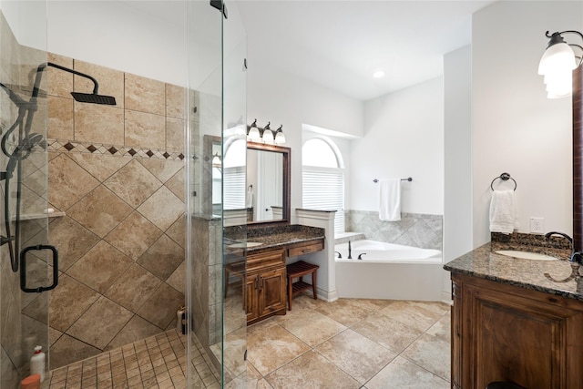 5451 Harvest Oak Landing Dr, Spring, TX 77386 - full bath with two vanities, a shower stall, a bath, and tile patterned floors