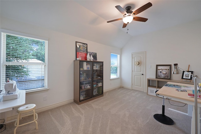 5451 Harvest Oak Landing Dr, Spring, TX 77386 - carpeted home office featuring a ceiling fan, vaulted ceiling, and baseboards