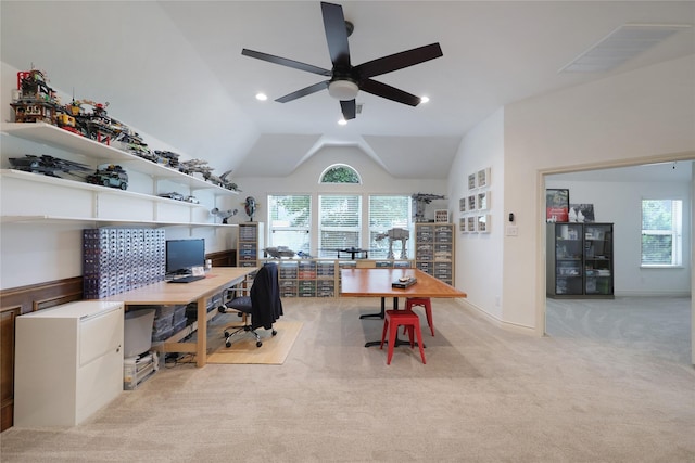 5451 Harvest Oak Landing Dr, Spring, TX 77386 - office area with light carpet, a ceiling fan, plenty of natural light, lofted ceiling, and recessed lighting