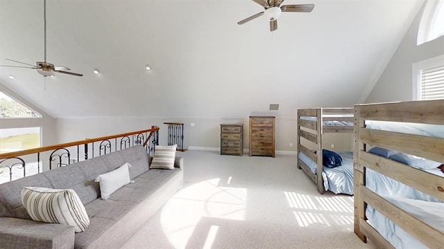 27140 Fm 365, Beaumont, TX 77705 - carpeted bedroom with lofted ceiling, ceiling fan, and baseboards
