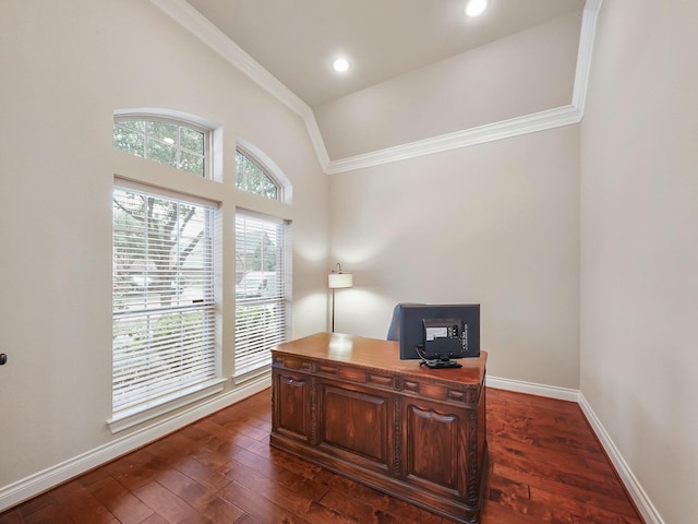 5411 Cedar Elm Ln, Fulshear, TX 77441 - home office with dark wood finished floors, baseboards, ornamental molding, and high vaulted ceiling