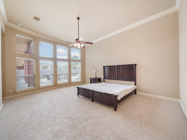5411 Cedar Elm Ln, Fulshear, TX 77441 - bedroom featuring crown molding, light colored carpet, baseboards, and a ceiling fan