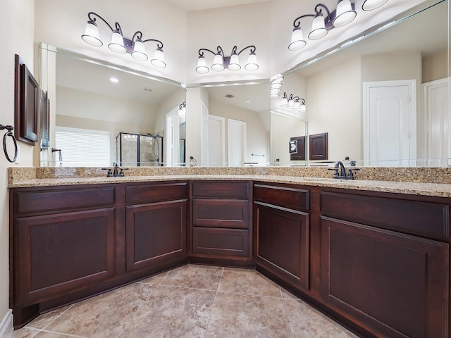 5411 Cedar Elm Ln, Fulshear, TX 77441 - bathroom featuring a stall shower, double vanity, and tile patterned floors