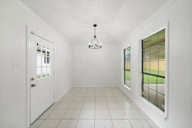 12310 New Brunswick Dr, Houston, TX 77089 - unfurnished dining area with a chandelier, crown molding, light tile patterned floors, and baseboards