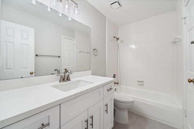 13038 Skymeadow Dr, Houston, TX 77082 - bathroom with toilet, vanity, shower / tub combination, and tile patterned floors
