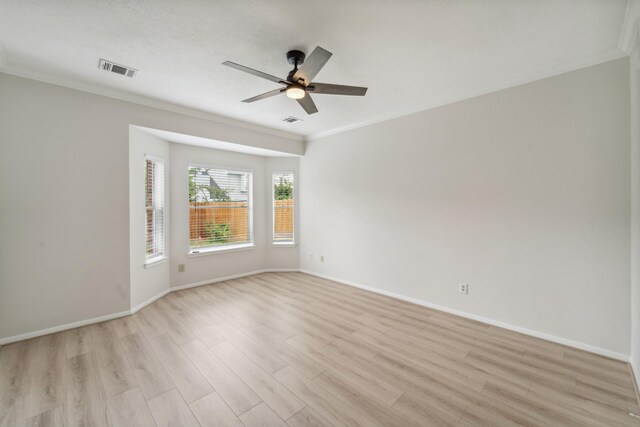 13038 Skymeadow Dr, Houston, TX 77082 - empty room featuring a ceiling fan, light wood-style floors, baseboards, and crown molding
