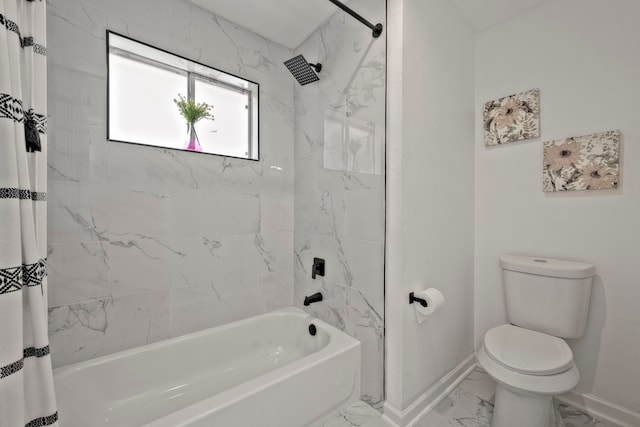 3247 Bolton Gardens Dr, Houston, TX 77066 - bathroom featuring marble look tiles, toilet, shower / bathtub combination with curtain, and baseboards