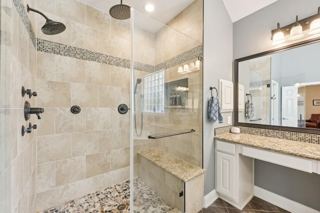 12106 Via Chianti Ct, Cypress, TX 77429 - bathroom featuring a shower stall, recessed lighting, baseboards, vanity, and tile patterned floors