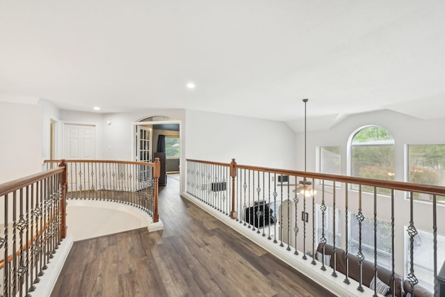 12106 Via Chianti Ct, Cypress, TX 77429 - hall featuring wood finished floors, an upstairs landing, recessed lighting, and lofted ceiling