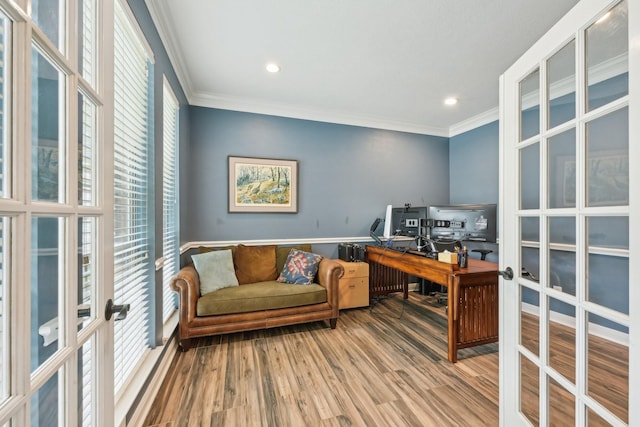 12106 Via Chianti Ct, Cypress, TX 77429 - office area featuring french doors, ornamental molding, healthy amount of natural light, wood finished floors, and recessed lighting