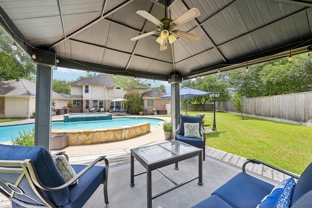 12106 Via Chianti Ct, Cypress, TX 77429 - view of patio featuring ceiling fan, a gazebo, and a pool with connected hot tub