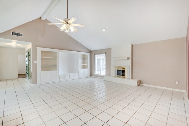 3920 Blackberry Ln, Port Arthur, TX 77642 - unfurnished living room featuring beam ceiling, high vaulted ceiling, ceiling fan, light tile patterned floors, and a fireplace