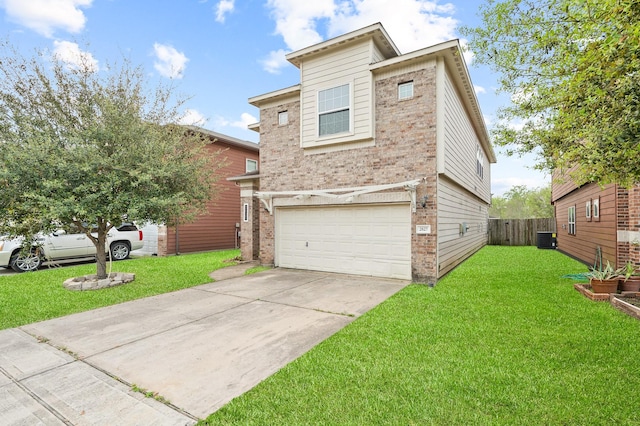 2827 Arica Ln, Spring, TX 77373 - view of front of house featuring an attached garage, central AC unit, driveway, and brick siding