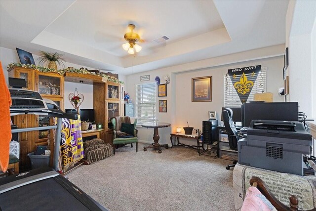 1685 Rd 5102, Cleveland, TX 77327 - office with a ceiling fan, a tray ceiling, carpet flooring, and baseboards